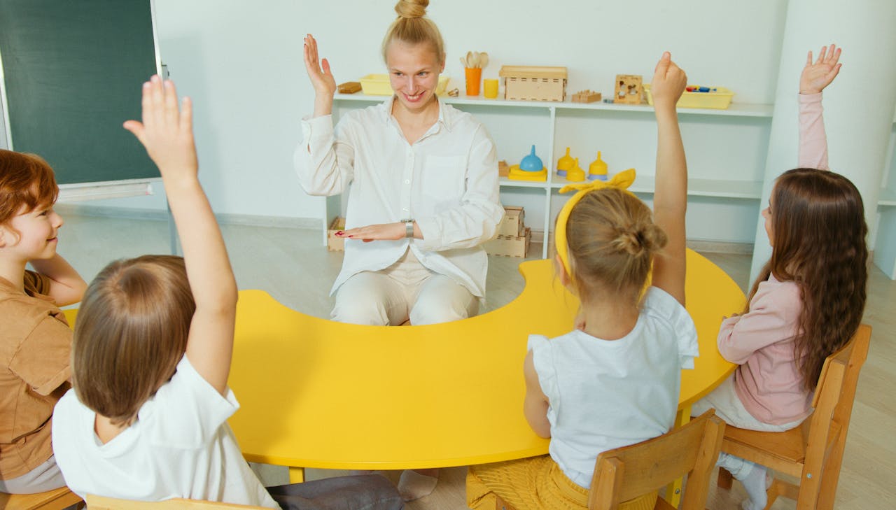 A lively preschool class with children participating in a learning activity guided by a cheerful teacher.